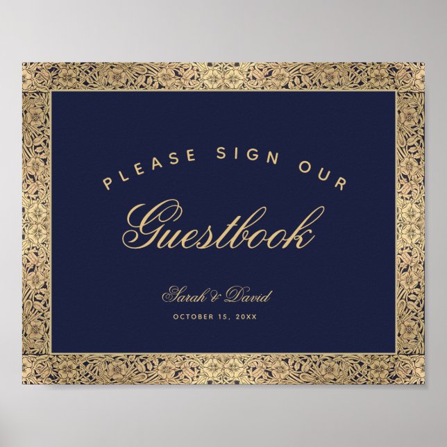 Sign Guestbook Navy Blue Gold Roses Wedding Sign (Front)