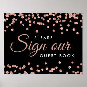Sign Guestbook Rose Gold Glitter Confetti Black