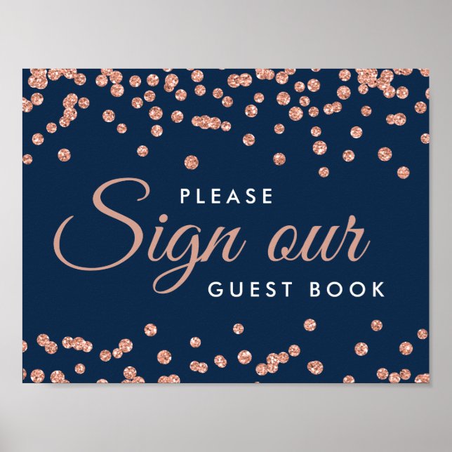 Sign Guestbook Rose Gold Glitter Confetti Navy (Front)