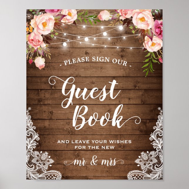 Sign Guestbook Rustic Floral String Lights Lace (Front)