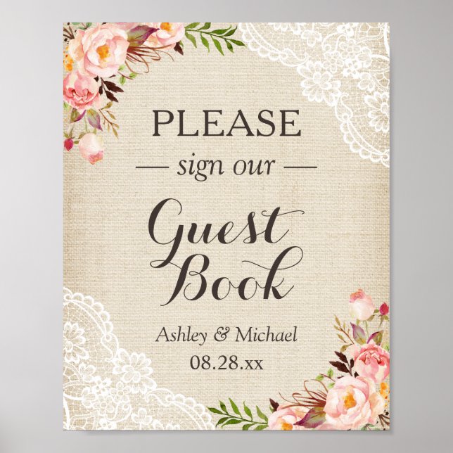 Sign Guestbook Wedding Rustic Burlap Lace Floral (Front)