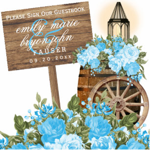 Sign Guestbook - Wood and Baby Blue Flowers Standing Photo Sculpture