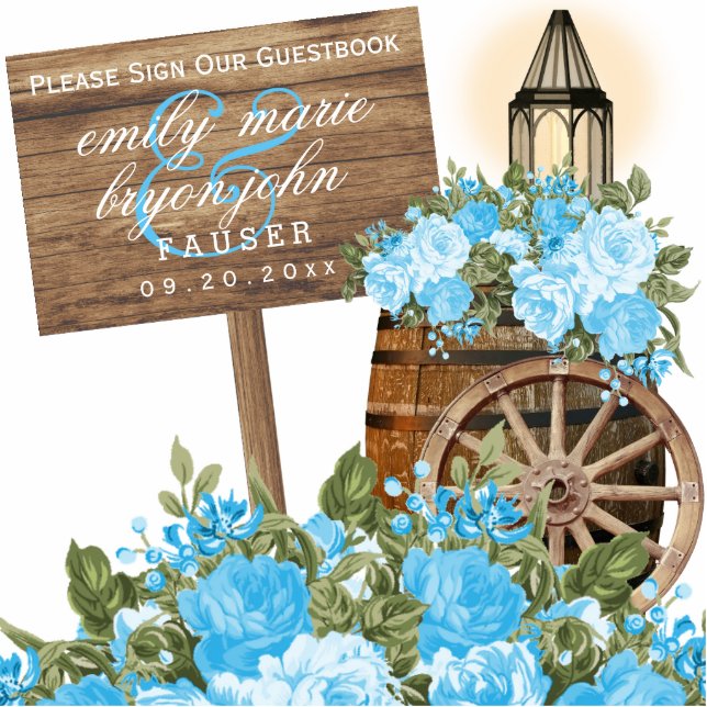 Sign Guestbook - Wood and Baby Blue Flowers Standing Photo Sculpture (Front)
