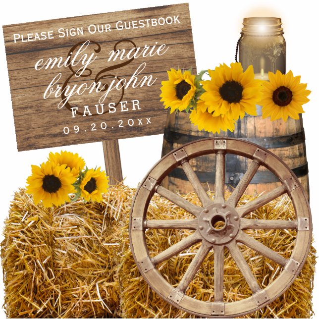 Sign Guestbook - Wood and Sunflowers Standing Photo Sculpture (Front)