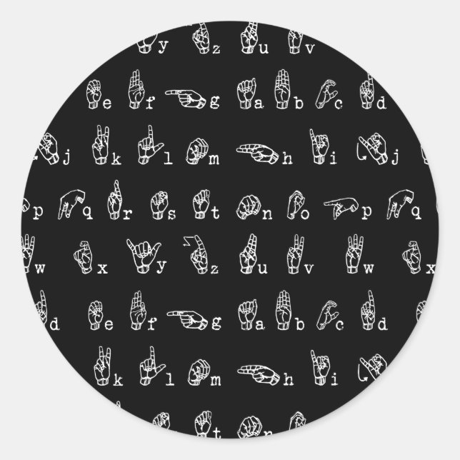 Sign Language Alphabet // White on Black // Classic Round Sticker (Front)