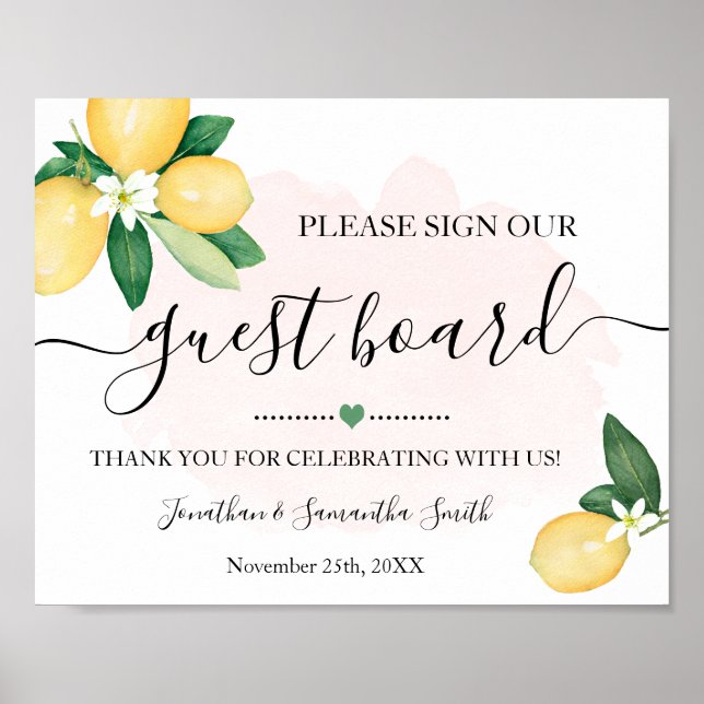 Sign Our Guest Board Wedding Reception Lemons Pink (Front)