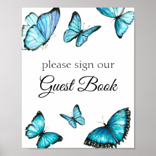 Sign our guest book. Blue watercolor butterflies.