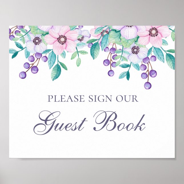 Sign our guest book. Purple and pink flowers (Front)