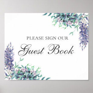 Sign our guest book. Purple flower. Floral wedding
