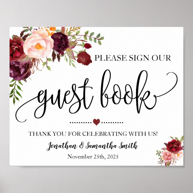Sign our Guest book wedding shower marsala floral (Front)