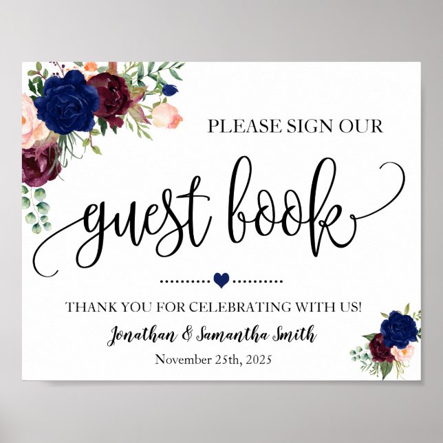 Sign our Guest book wedding shower navy burgundy (Front)