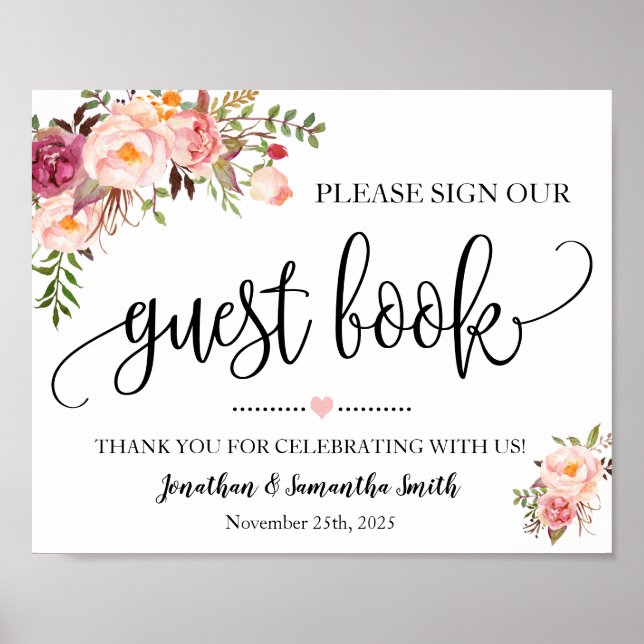 Sign our Guest book wedding shower pink floral (Front)