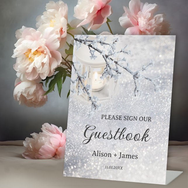 Sign Our Guestbook Wedding Table Pedestal Sign (Wedding tabletop sign featuring a candle lit lantern in sparkling snow - guest book sign)