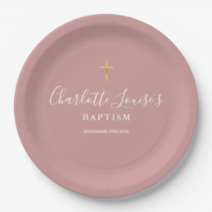 Signature Baptism Christening Dusty Rose Pink Paper Plate