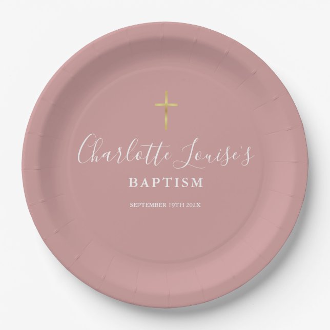 Signature Baptism Christening Dusty Rose Pink Paper Plate (Front)