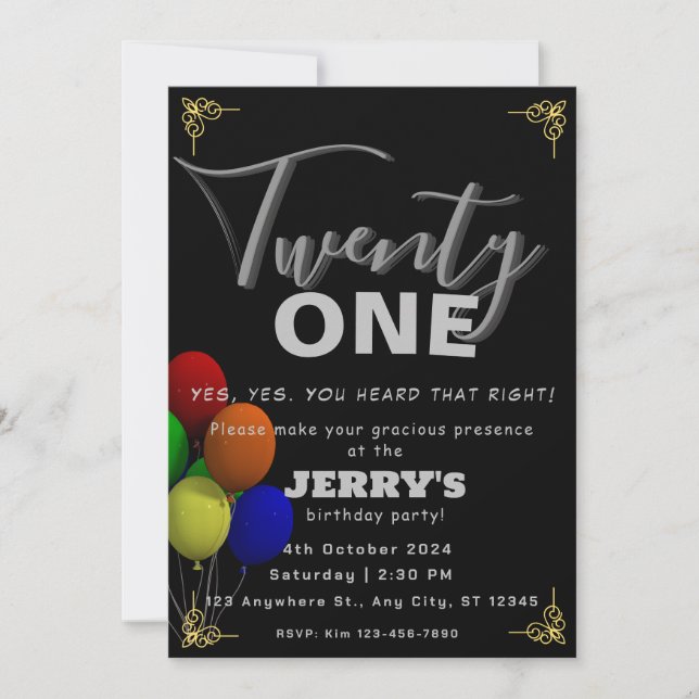 Signature Black with balloons birthday  Invitation (Front)