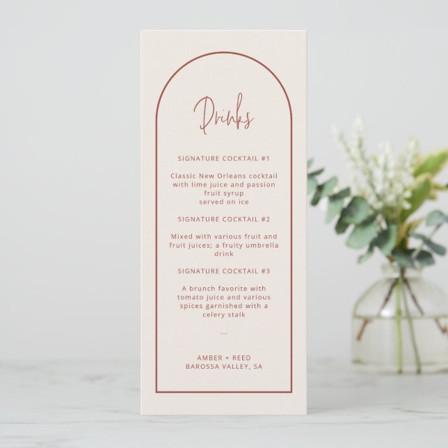 Signature Cocktail Arch Drinks Menu Card (Standing Front)