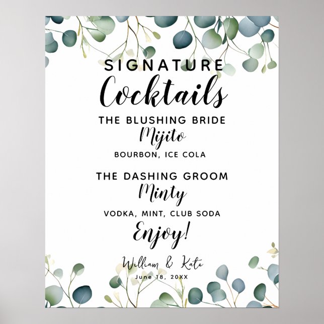 Signature Cocktail bar eucalyptus wedding sign (Front)