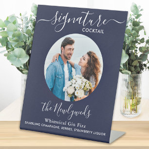 Signature Cocktail Wedding Drink Navy Blue Photo Pedestal Sign