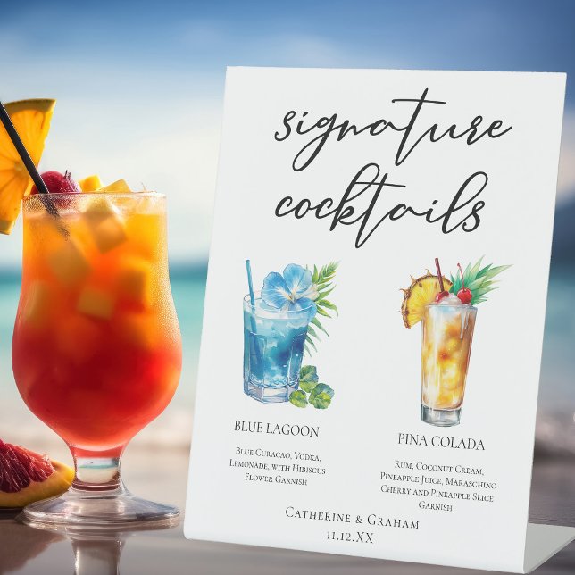 Signature Cocktails Beach Wedding Menu Pedestal Sign (Creator Uploaded)