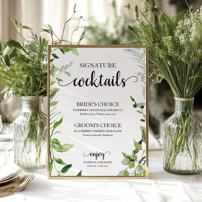 Signature Cocktails Greenery Watercolor Elegant Poster (Creator Uploaded)