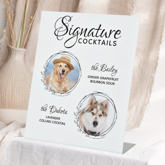 Signature Cocktails Pet Photo Dog Wedding Bar Pedestal Sign (Creator Uploaded)