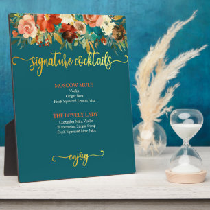 Signature Cocktails Sign - Teal & Orange Floral Plaque