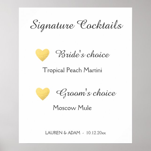 Signature Cocktails wedding sign, faux gold hearts Poster (Front)