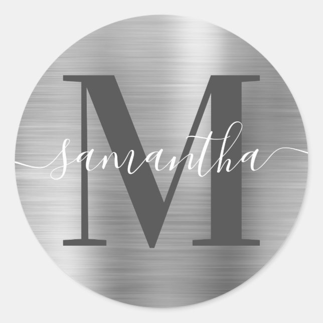 Signature Dark Grey Monogram Silver Foil Classic Round Sticker (Front)