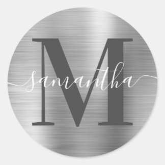 Signature Dark Grey Monogram Silver Foil Classic Round Sticker