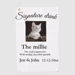 Signature drink add pet photo name date year text  golf towel