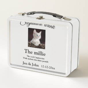 Signature drink add pet photo name date year text metal lunch box