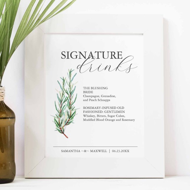 Signature Drinks 8x10 Rosemary Wedding Sign (Signature cocktails sign feature a watercolor sprig of rosemary by Victoria Grigaliunas )