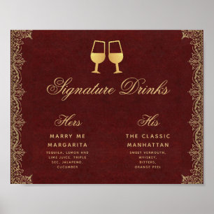 Signature Drinks Burgundy Gold Script Wedding Sign