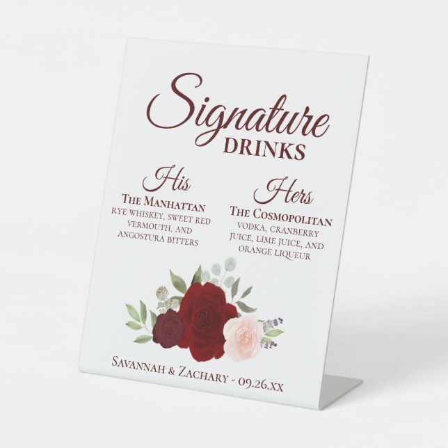 Signature Drinks Burgundy Red Blush Roses Wedding Pedestal Sign (Front)