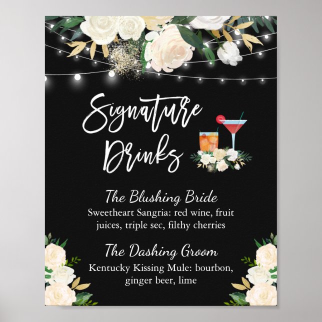 Signature Drinks Cocktail Ivory Floral Wedding Poster (Front)