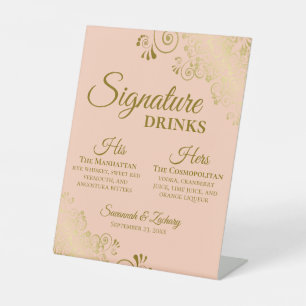 Signature Drinks Coral Peach & Gold Wedding Bar Pedestal Sign