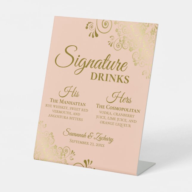 Signature Drinks Coral Peach & Gold Wedding Bar Pedestal Sign (Front)