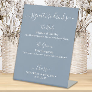 Signature Drinks Custom Dust Blue Wedding Bar Pedestal Sign