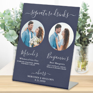 Signature Drinks Custom Photo Navy Blue Wedding Pedestal Sign