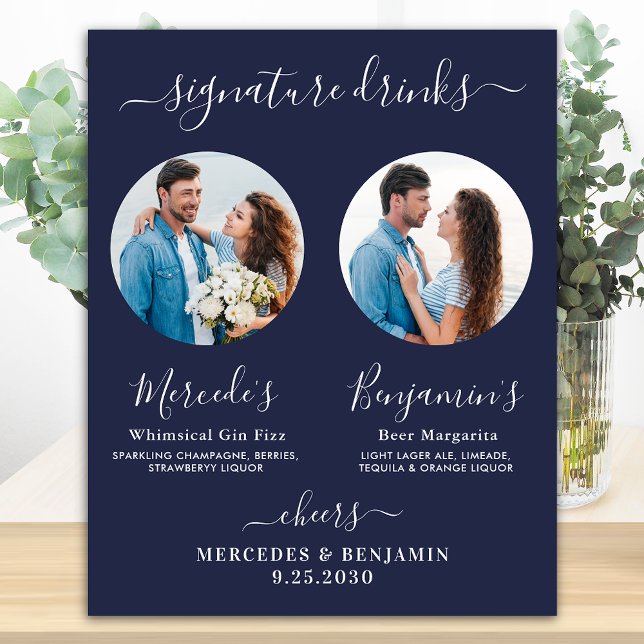 Signature Drinks Custom Photo Navy Blue Wedding Poster (Creator Uploaded)