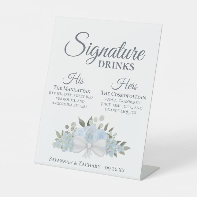 Signature Drinks Dusty Blue Boho Roses Wedding Pedestal Sign (Front)