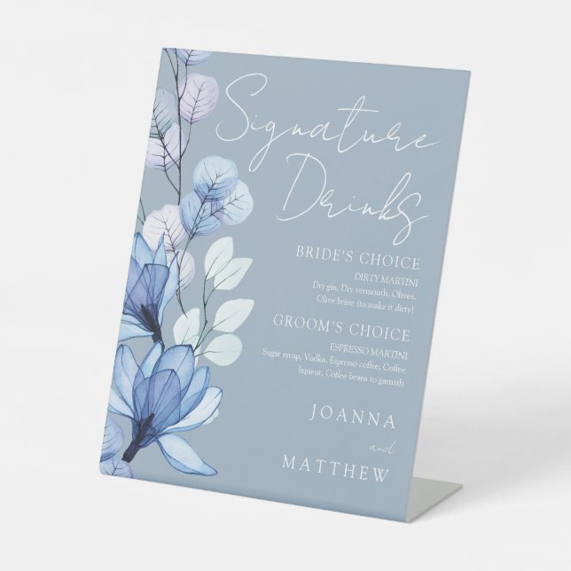 Signature Drinks Dusty Blue Floral Wedding Pedestal Sign (Front)