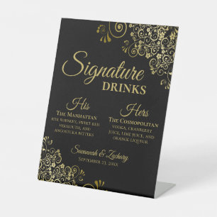 Signature Drinks Elegant Black & Gold Wedding Bar Pedestal Sign