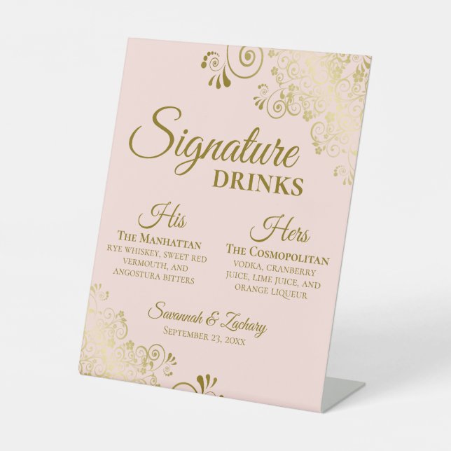 Signature Drinks Elegant Blush Pink & Gold Wedding Pedestal Sign (Front)