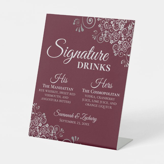 Signature Drinks Elegant Burgundy & Silver Wedding Pedestal Sign (Front)