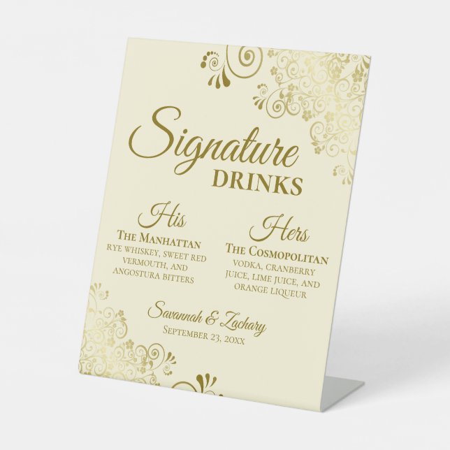 Signature Drinks Elegant Gold & Cream Wedding Bar Pedestal Sign (Front)