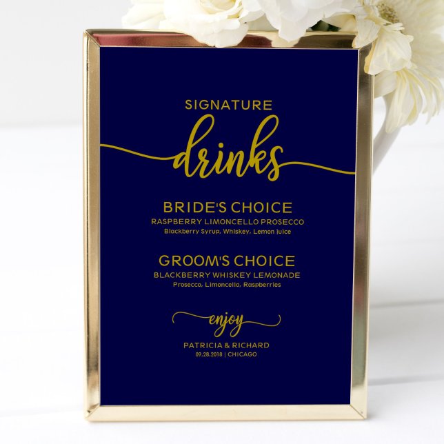 Signature Drinks Elegant Gold navy Blue Sign (Creator Uploaded)