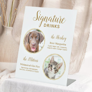 Signature Drinks Elegant Gold Pet Wedding 2 Photo Pedestal Sign