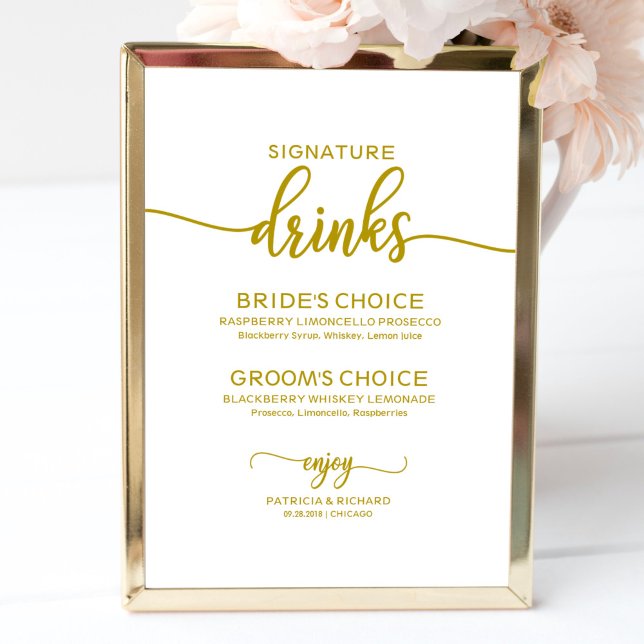 Signature Drinks Elegant Gold Script Wedding Sign (Creator Uploaded)